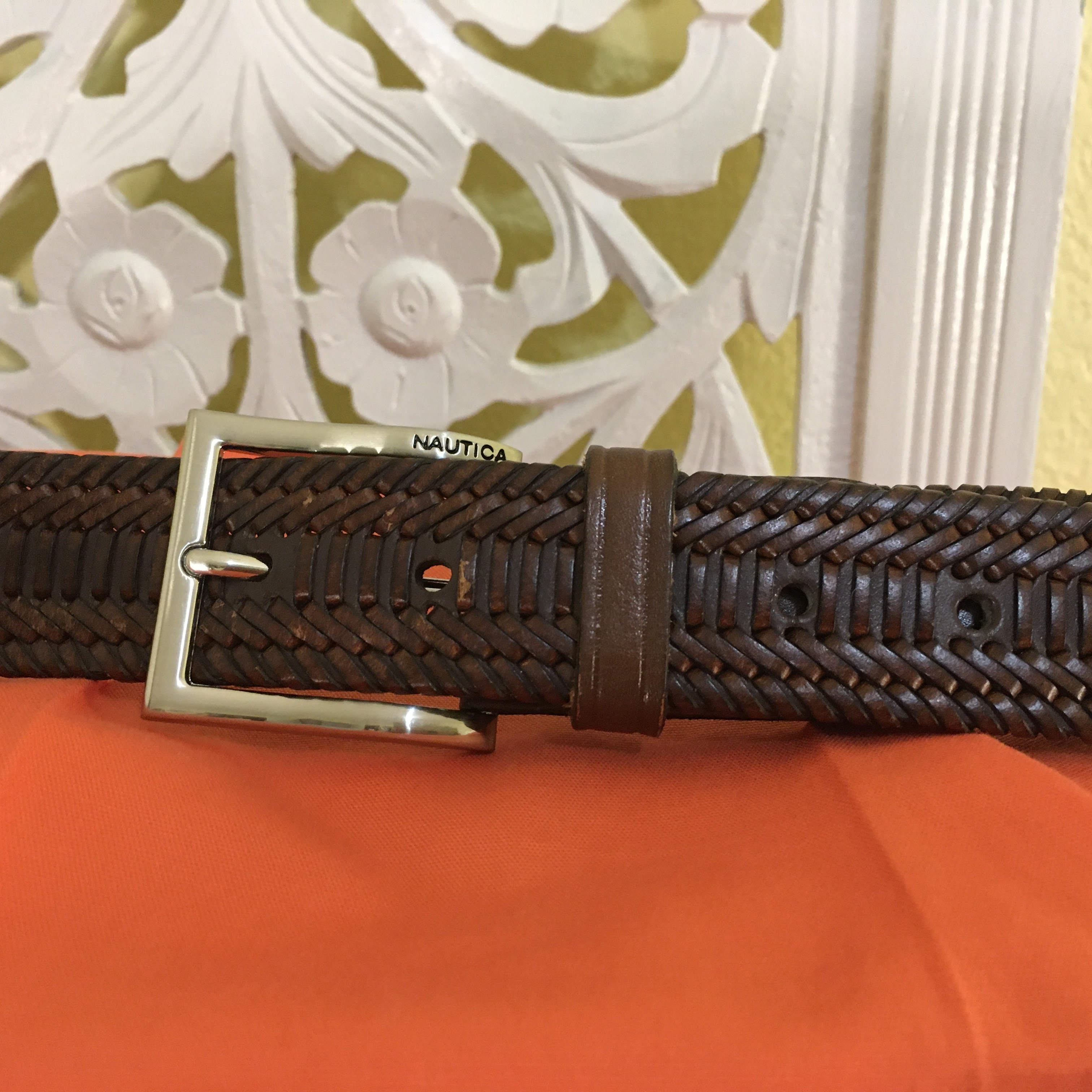 Nautica Brown Leather Belt Size 42 With Metallic Buckle